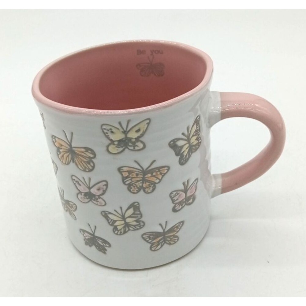 Seeds & Sunshine Pink & White Stoneware Butterfly Coffee Mug